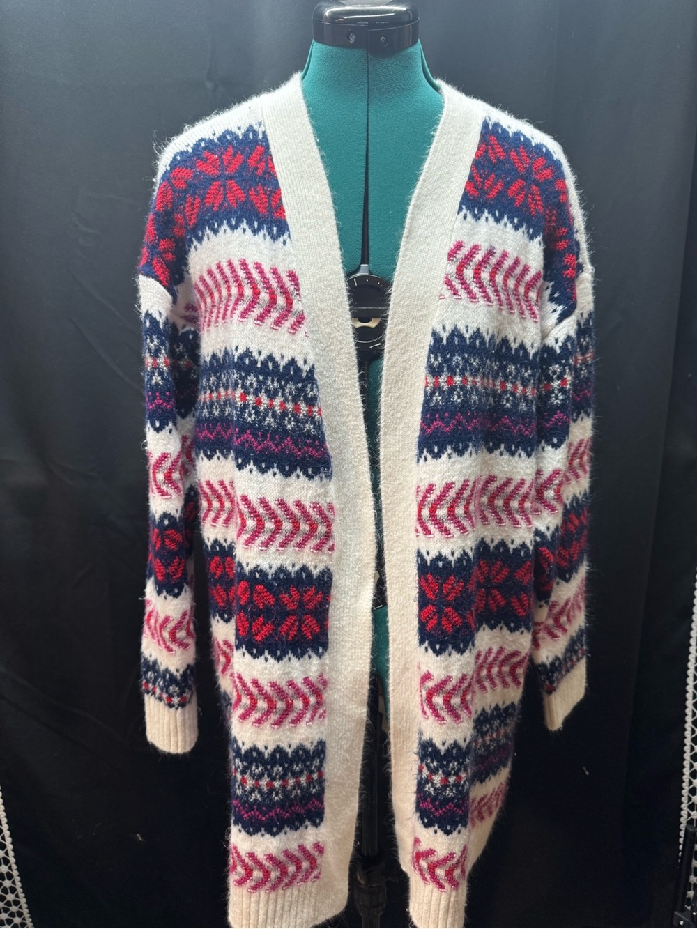 St. John's Bay Cream Open-Front Fair Isle Cardigan with Navy & Red Pattern